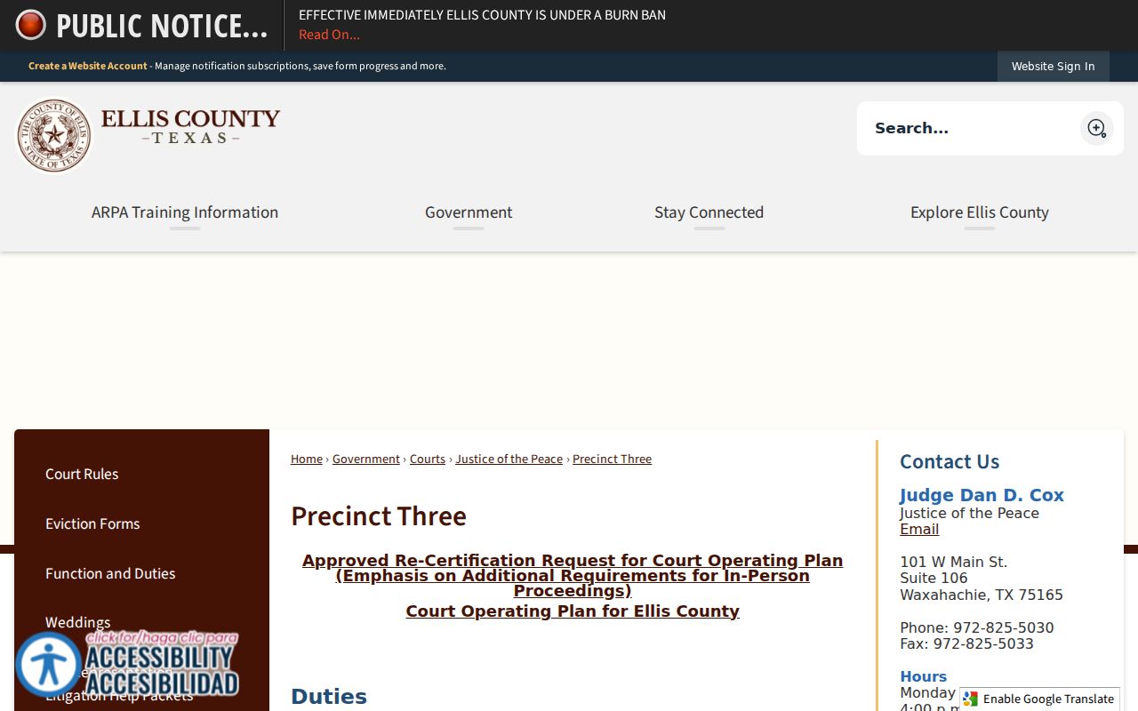 Ellis County JP bench warrant records, Precinct Three contact