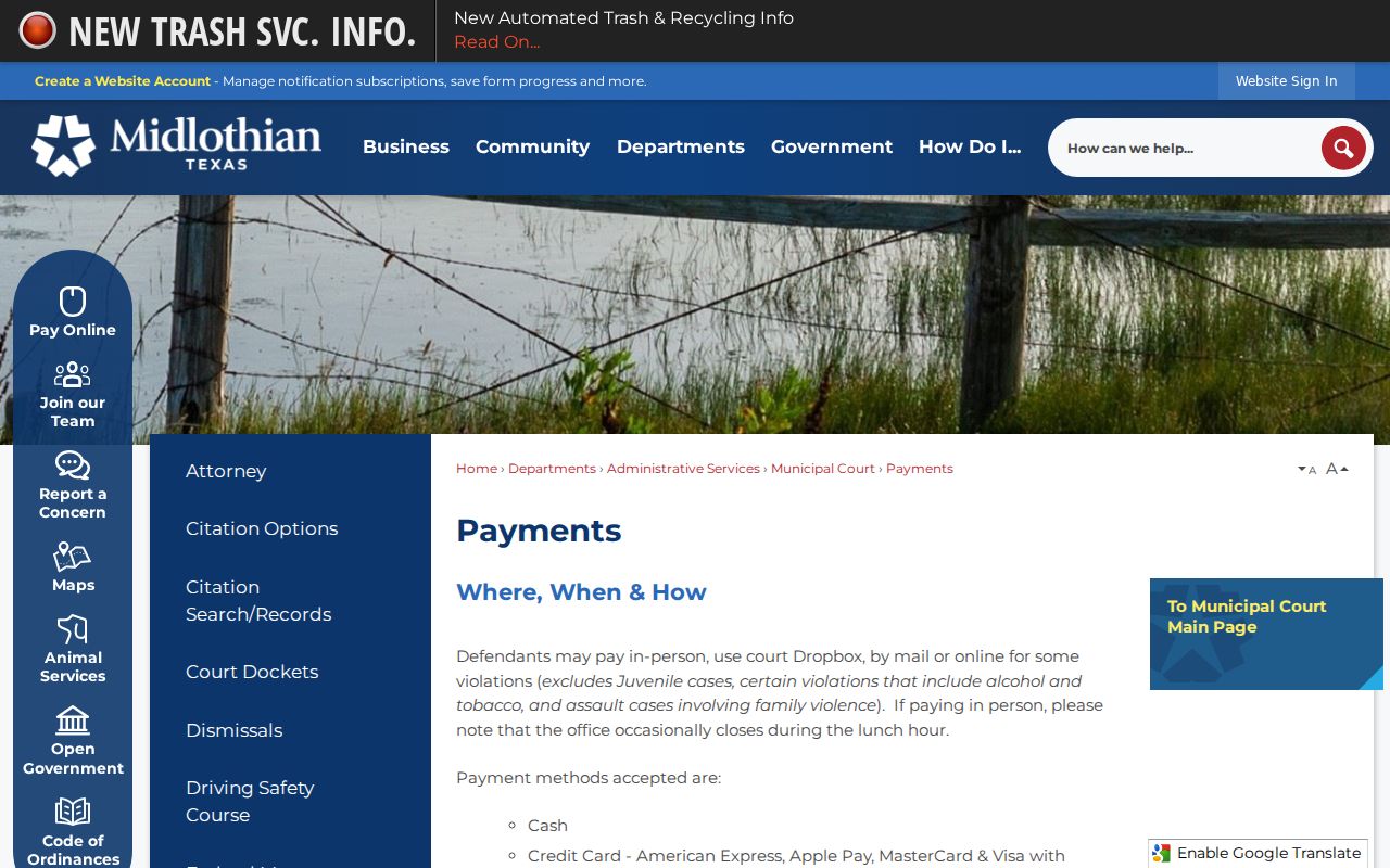 Ellis County municipal warrant records, Midlothian payment cutoff instructions