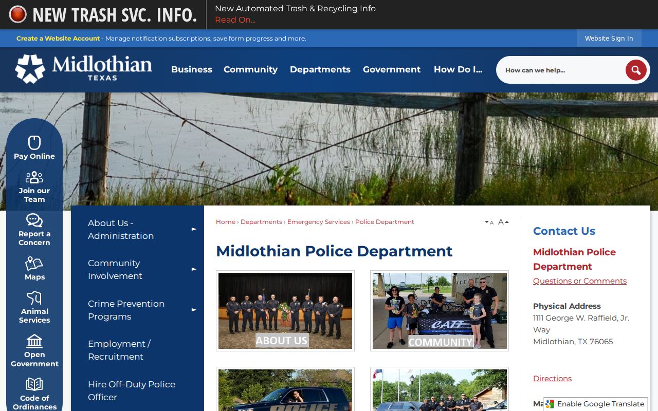 Ellis County Midlothian warrant records, official police department page
