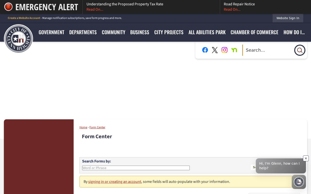 Ellis County Glenn Heights warrant records, blank Municipal Court contact form