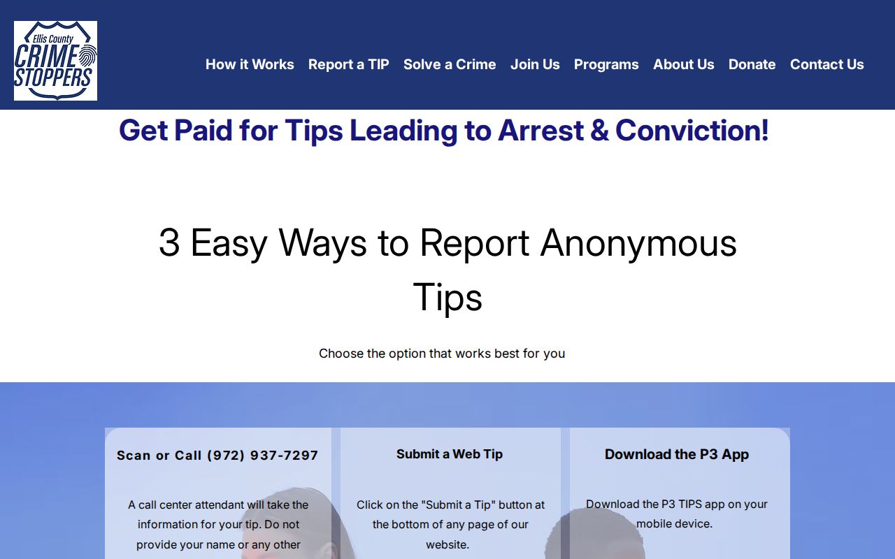 Ellis County warrant records, Crime Stoppers anonymous tip instructions