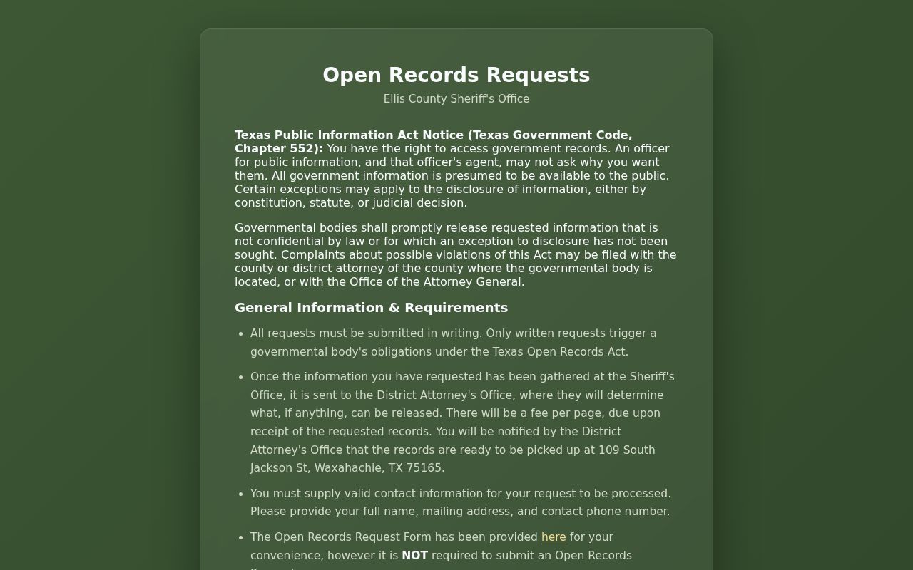 Ellis County warrant records, sheriff open records request instructions